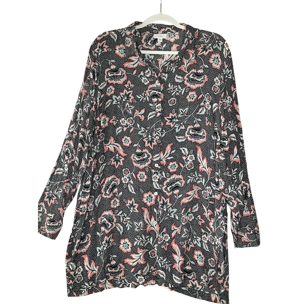 J. Jill Black Pink Floral Collared Button Up Long Sleeve Blouse Tunic‎ Top L - Picture 2 of 10